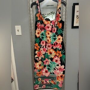 Bisou Bisou Black Maxi Dress with Pink, Orange and Teal Floral Print